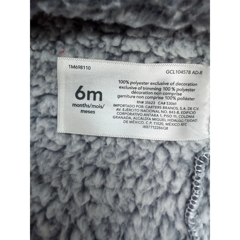 Carter's Baby Sherpa Fleece One Piece 6M Gray Cozy Zip‎ Suit Winter